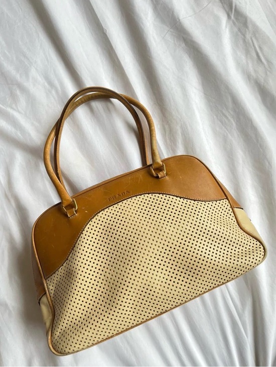 Prada Handbags - Prada Tan and Cream Perforated Shoulder Bag